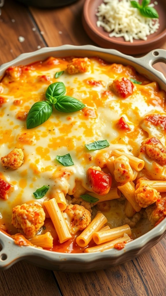 Cheesy Cauliflower Ziti Bake Recipe Cheesy cauliflower ziti bake in a ceramic dish, garnished with basil, on a wooden table.